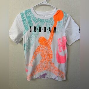 Jordan White Tee with Neon Orange Jumpman and Teal & Pink Accents